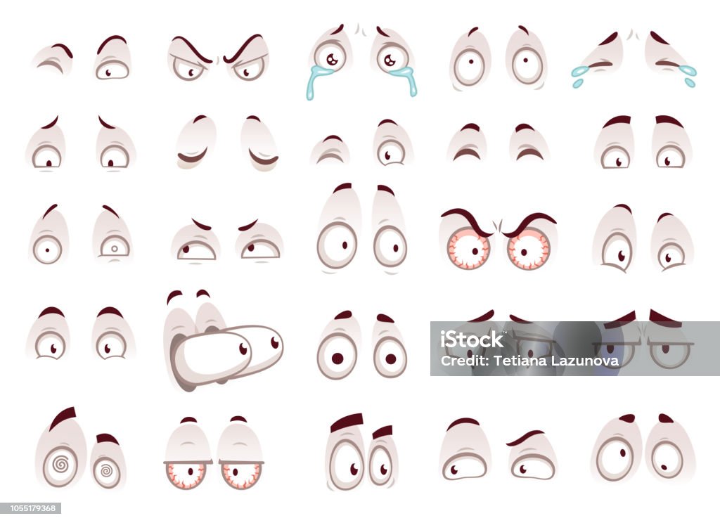 Cartoon eyes. Comic eye staring gaze watch, funny face parts vector isolated illustration set Cartoon eyes. Comic eye staring gaze watch, funny face parts facing smile cute, angry and joyful emotions tired mouth scared and tired expressions vector isolated symbol illustration set Eye stock vector