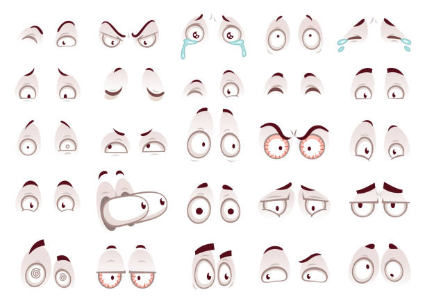 Cartoon eyes. Comic eye staring gaze watch, funny face parts vector isolated illustration set Cartoon eyes. Comic eye staring gaze watch, funny face parts facing smile cute, angry and joyful emotions tired mouth scared and tired expressions vector isolated symbol illustration set cartoon human face eye stock illustrations