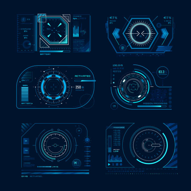 футуристический виртуальный экран. мониторинг кадра панели hud с целью отслеживания. компьютерные системы отображают набор векторных векто - futuristic touching touch screen computer monitor stock illustrations