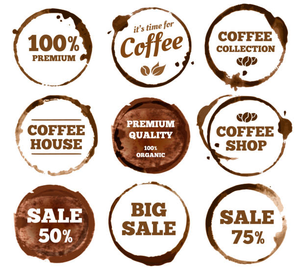 ilustraciones, imágenes clip art, dibujos animados e iconos de stock de etiquetas café. mancha de anillo taza espresso suciedad acuarela. ilustración de vector aislado - coffee circle coffee bean label