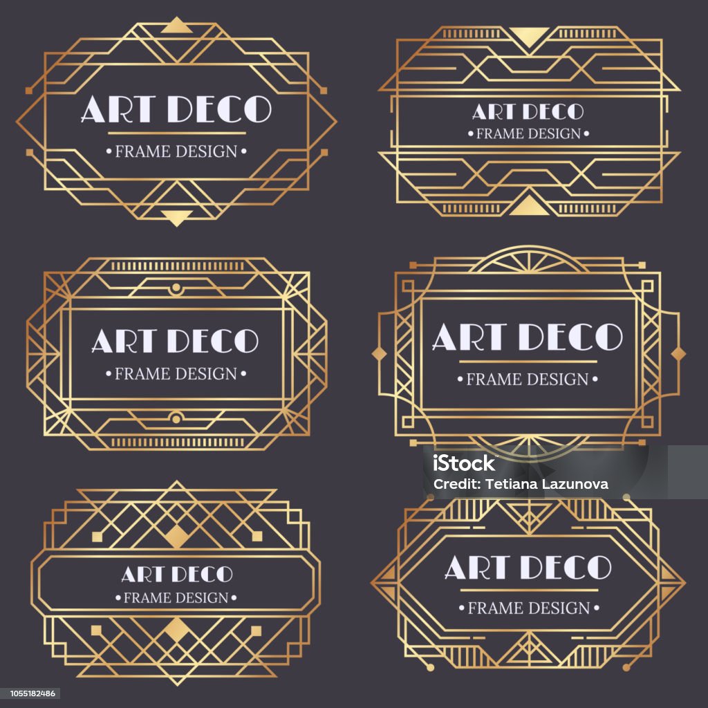 Art deco frame. Antique golden label, luxury gold business card letter title and vintage ornaments frames design vector elements Art deco frame. Antique golden label, luxury gold business card letter title and vintage ornaments frames poster old classic insignia logo design isolated vector elements set Art Deco stock vector