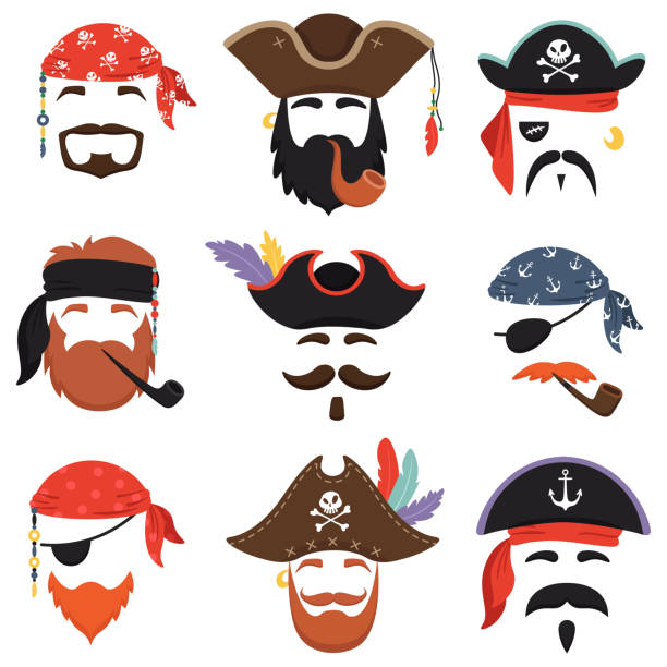 karnevalsmaske piraten. lustige meer piraten hüte, isoliert reise bandana mit dreadlocks-haare und rauchrohr masken-vektor-set - seeräuber stock-grafiken, -clipart, -cartoons und -symbole