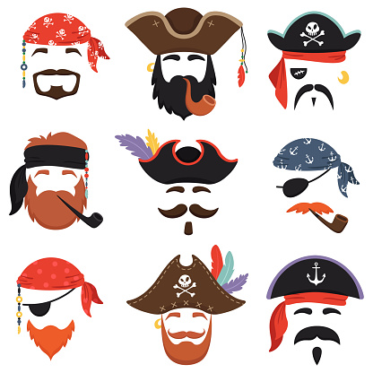Carnival pirate mask. Funny sea pirates hats, journey bandana with dreadlocks hair and smoke pipe isolated masks. Kids birthday party accessories or mobile app mask cartoon vector isolated icons set