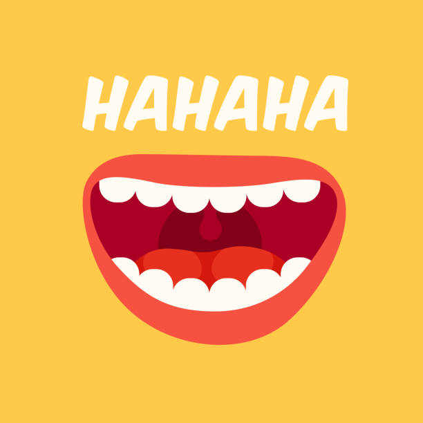 Laughing mouth. April Fools Day. Loud laugh and LOL vector yellow background Laughing mouth. April Fools Day. Loud laugh and LOL smile face with teeth out, happy emoji doodle. Joke crazy funny spring prank humor bouche vector yellow background laughing stock illustrations
