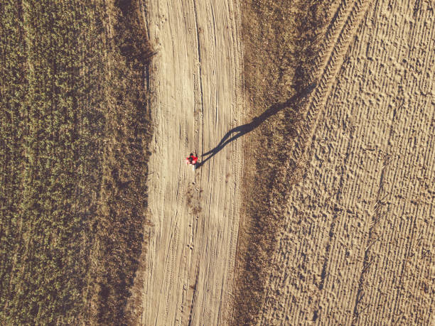 istock drone view on woman running on field 1055197578