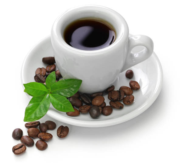 istock a cup of black coffee with roasted coffee beans and leaves on white  background 1055197830