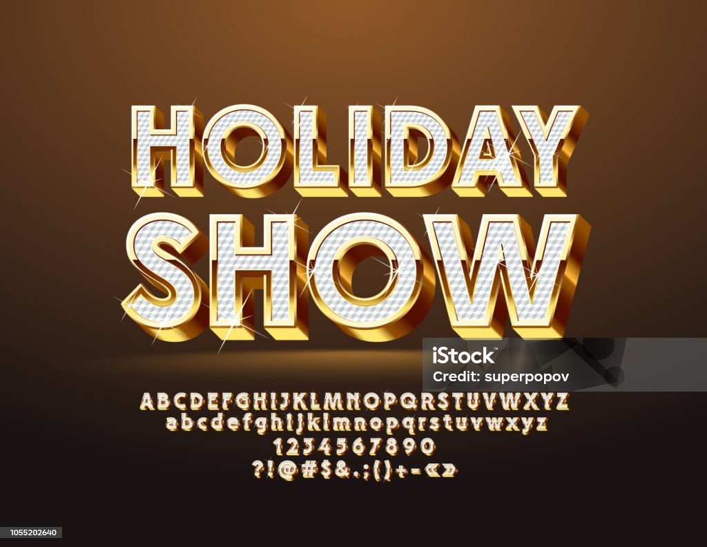 Vector festive chic Holiday Show logo with Alphabet 3D Golden and White Font Typescript stock vector