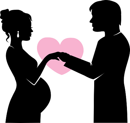 black silhouette of a couple in love man and a pregnant woman on a white background