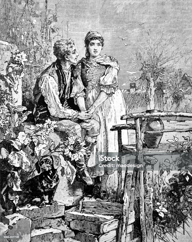 Pair of lovers with a dachshund is holding hands in the park -  1888 1880-1889 stock illustration