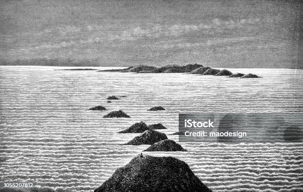 View Of The Sea With The Mountains 1888 Stock Illustration - Download Image Now - Wave - Water, Old, The Past