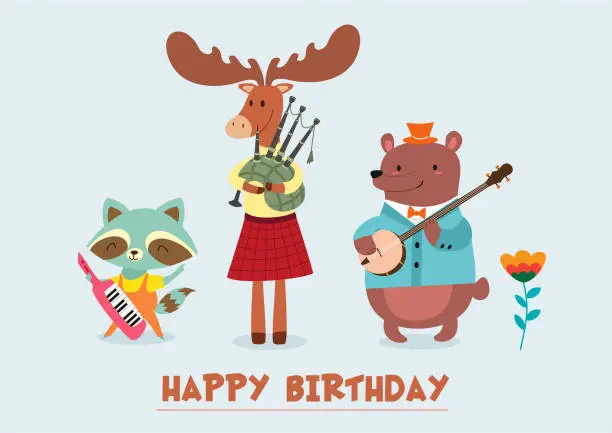 Vector illustration of Stylish card or poster with a cute moose, raccoon and bear. Funny vector illustration with text.