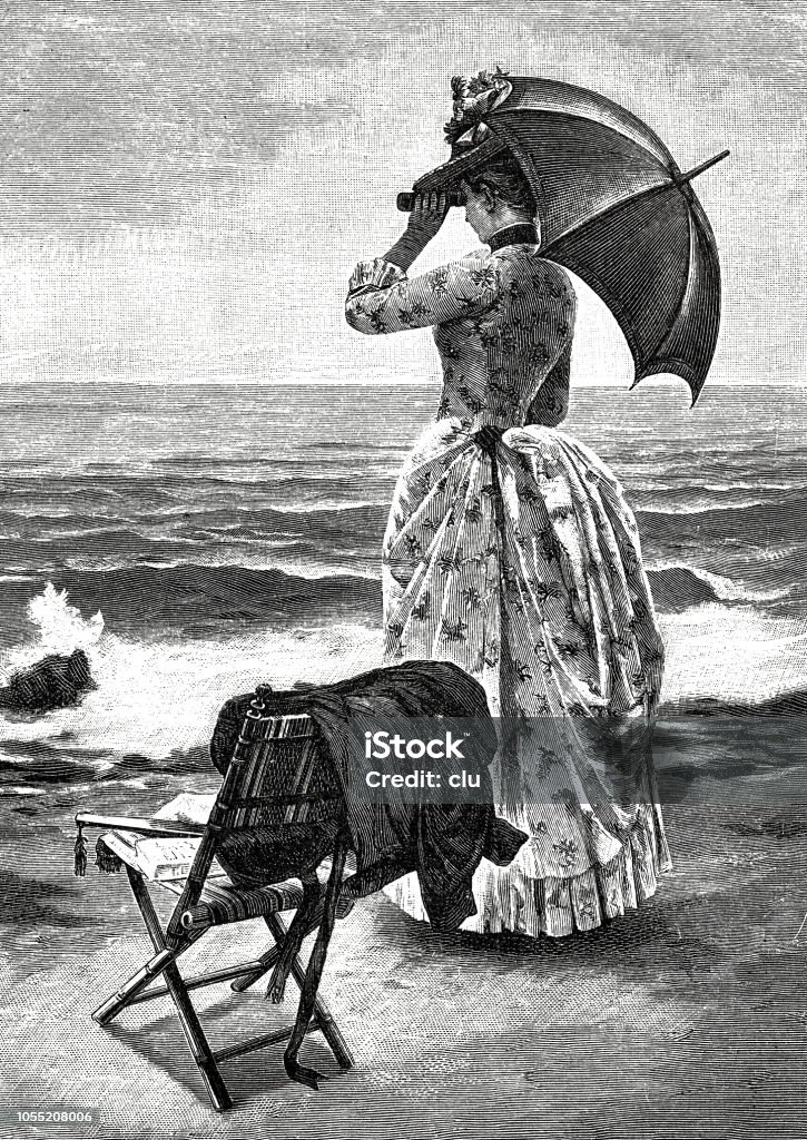 Elegant woman with binoculars and umbrella standing on the beach Illustration from 19th century Binoculars stock illustration