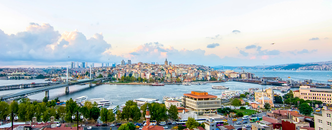 Istanbul, Turkey, 24 August 2018: Beautiful View touristic landmarks from sea voyage on Bosphorus. Cityscape of Istanbul at sunset - old mosque and turkish steamboats, view on Golden Horn. istanbul – Turkey