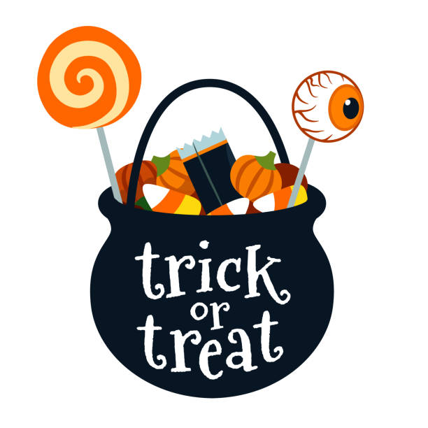 ilustrações de stock, clip art, desenhos animados e ícones de halloween trick or treat black cauldron bucket full of candy vector cartoon illustration isolated on white. lollipops, candy corn, candy pumpkins. fall halloween treats for children design element. - trick or treat