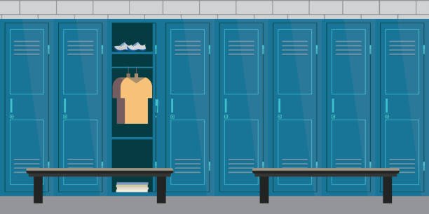 Dressing place a fitness club Interior of a gym locker room. Dressing place a fitness club. Lockers with open door. Flat vector illustration football locker room stock illustrations