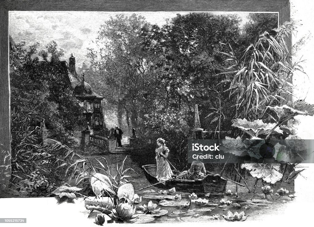 Two women in a boat on a lake, surrounded by water lilies. Illustration from 19th century 19th Century stock illustration