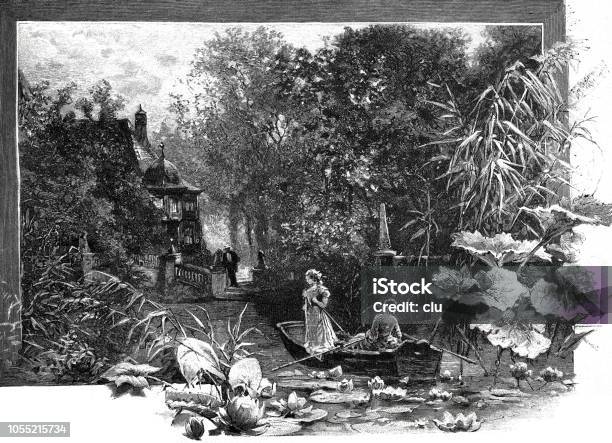 Two Women In A Boat On A Lake Surrounded By Water Lilies Stock Illustration - Download Image Now