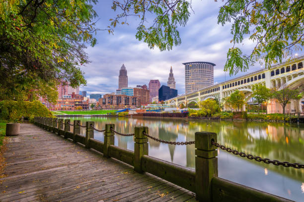Cleveland, Ohio, USA Downtown Skyline Cleveland, Ohio, USA downtown skyline on the Cuyahoga River at dusk. cuyahoga river photos stock pictures, royalty-free photos & images