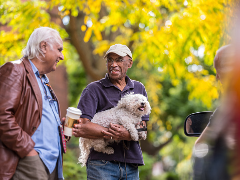 Group of senior men of various backgrounds having a friendly meet on the street in their neighborhood. Bright fall scene on the road in the North American city.