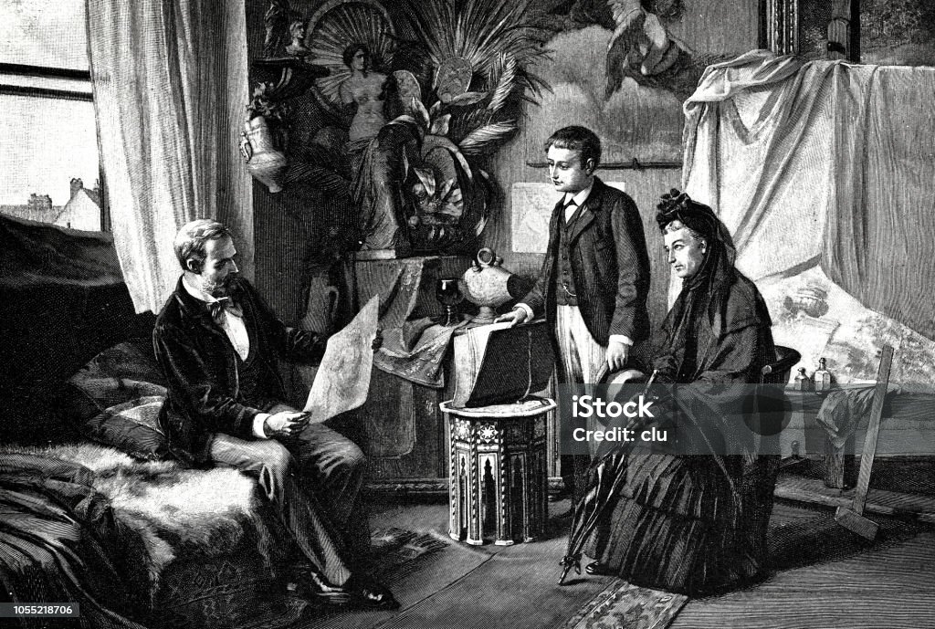 Job interview: Mother introduces her son to a painter to evaluate his talent Illustration from 19th century Portfolio stock illustration