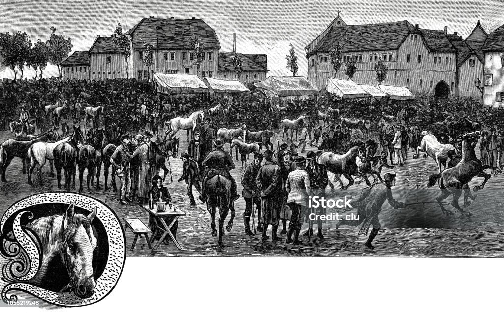 Horse market in Germany, Buttstädt Illustration from 19th century 19th Century stock illustration