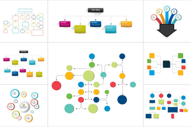fowcharts schemata, diagramme. mega-set. einfach farbe bearbeitet werden. infografik-elemente. - hierarchie stock-grafiken, -clipart, -cartoons und -symbole