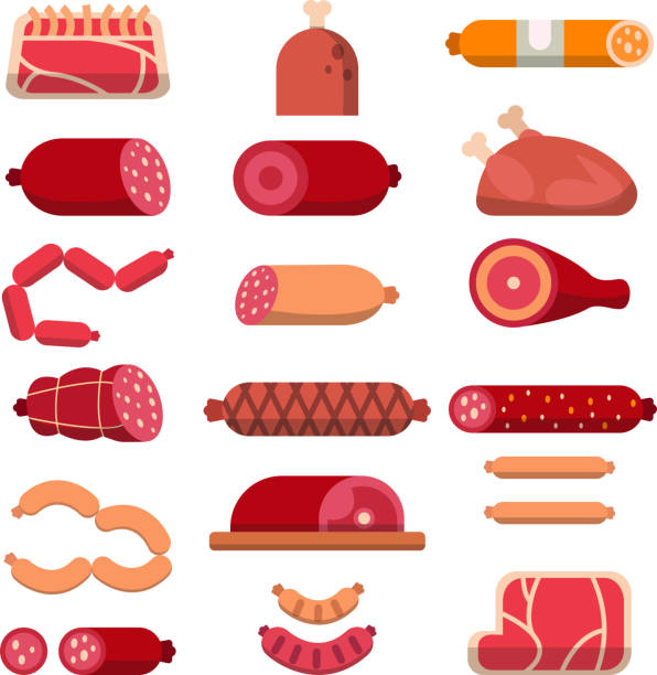 ilustraciones, imágenes clip art, dibujos animados e iconos de stock de los productos de carnicería. planas ilustraciones vectoriales de carne - delicatessen beef meat raw