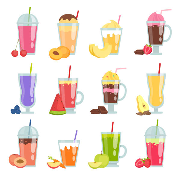 kreskówkowe smoothie. różne letnie napoje smoothie zestaw - food and drink fruits and vegetables stock illustrations