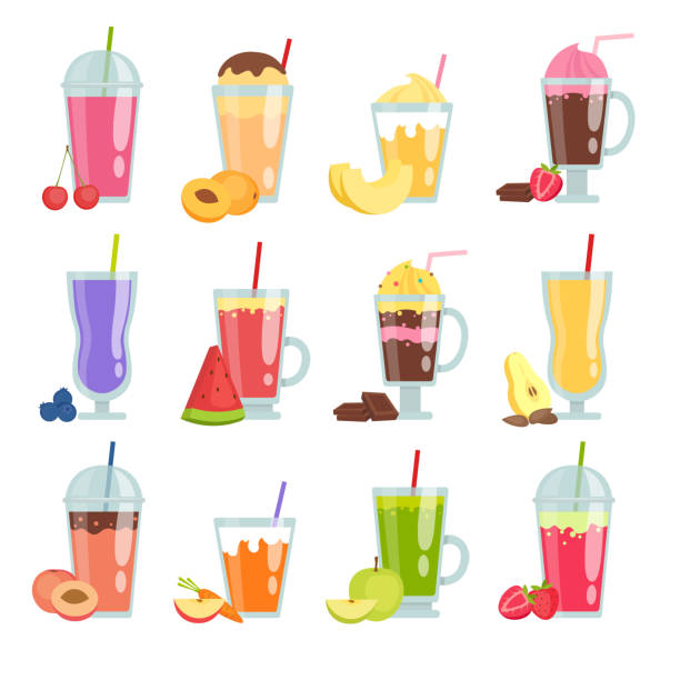 ilustrações, clipart, desenhos animados e ícones de smoothie de desenhos animados. diversas bebidas smoothie conjunto de verão - juice smoothie fruit drink