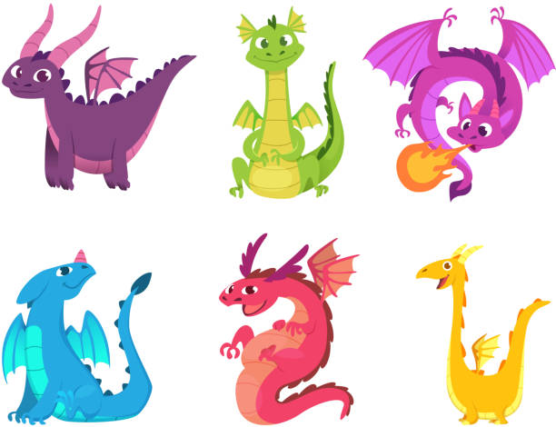 niedlichen drachen. märchen-amphibien und reptilien mit flügeln und zähne mittelalterlichen fantasy wilde kreaturen vektor-zeichen - dragon stock-grafiken, -clipart, -cartoons und -symbole
