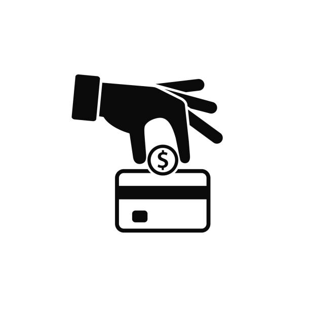 Hand put coin into and bank card icon, vector. Cash get a bank card, replenish card. replenishment process illustration. Hand put coin into and bank card icon, vector. Cash get a bank card, replenish card. replenishment process illustration. put down stock illustrations