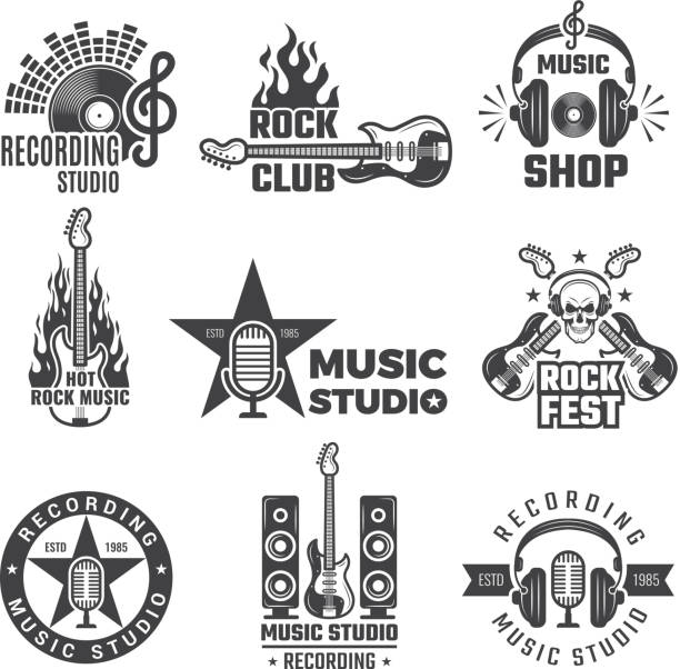 Black music labels. Vintage vinyl cover record microphone and headphones vector symbols for music logotypes or badges records company Black music labels. Vintage vinyl cover record microphone and headphones vector symbols for music logotypes or badges records company. Illustration of record musical rock badge radio drawings stock illustrations