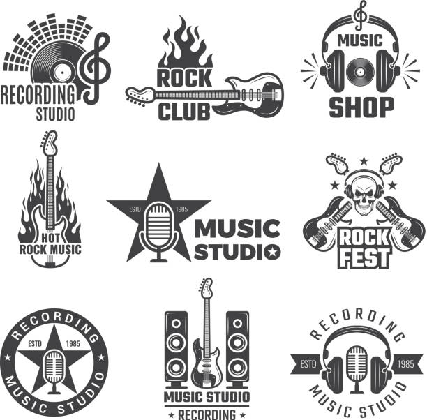 Black music labels. Vintage vinyl cover record microphone and headphones vector symbols for music logotypes or badges records company Black music labels. Vintage vinyl cover record microphone and headphones vector symbols for music logotypes or badges records company. Illustration of record musical rock badge music speaker logo stock illustrations