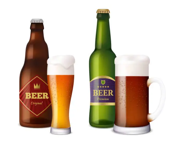Vector illustration of Beer glasses bottles. Cup and vessels for alcoholic drinks craft light brown fresh cold beer with foam splash. Realistic pictures beer