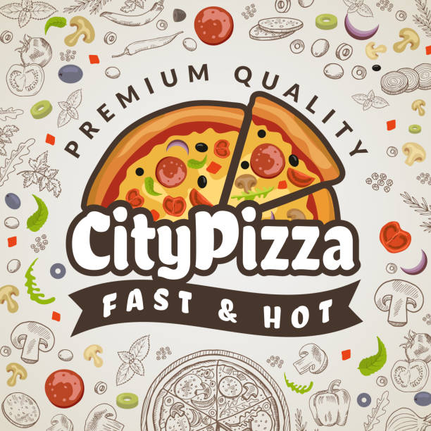 illustrations, cliparts, dessins animés et icônes de fond de pizza de nourriture. menu de cuisine italienne logotype de pizzeria pour modèle vector affiche de couleur - pizzeria