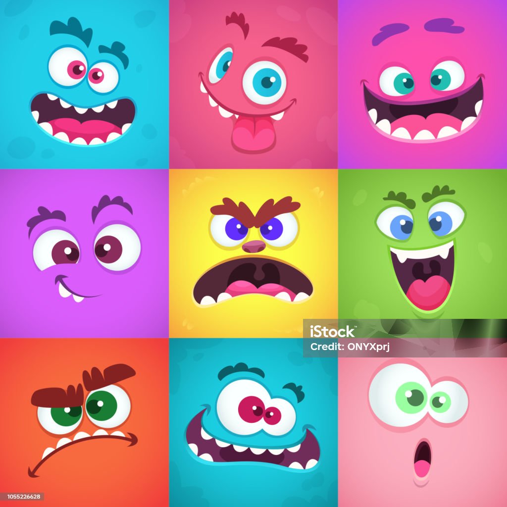 Monsters emotions. Scary faces masks with mouth and eyes of aliens monsters vector emoticon set Monsters emotions. Scary faces masks with mouth and eyes of aliens monsters vector emoticon set. Halloween cute alien, head funny character flat illustration Monster - Fictional Character stock vector