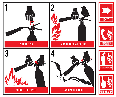 Fire fighting technical illustration. Vector silhouette of fire extinguisher. Instruction fire equipment, extinguisher and protection