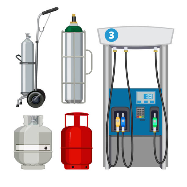Gas station. Pumping petrol types metal tank cylinders vector illustrations of petrol pumps Gas station. Pumping petrol types metal tank cylinders vector illustrations of petrol pumps. Gas pump, petrol station, industry petroleum and gas fuel balloon gas cylinder stock illustrations