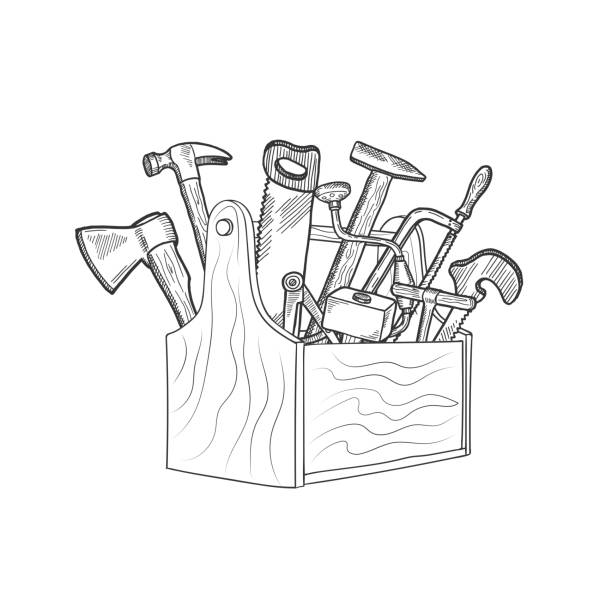 Vector hand drawn woodwork equipment in wooden toolbox isolated illustration Vector hand drawn woodwork equipment in wooden toolbox isolated illustration. Toolbox with hammer and tool equipment carpenter stock illustrations