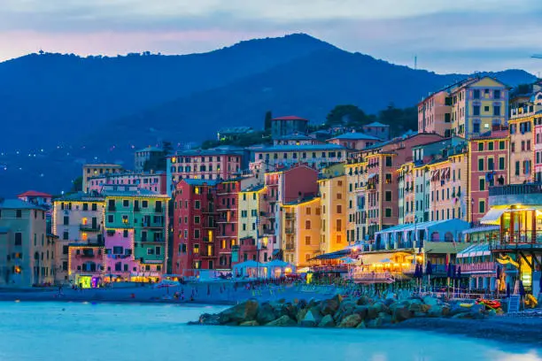 The tourist resort of Camogli on the Italian Riviera in the Metropolitan City of Genoa, Liguria, Italy