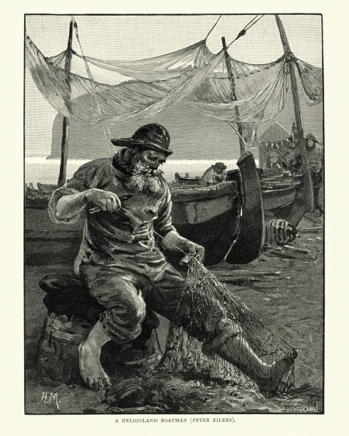 Fisherman Of Heligoland Mending His Nets 19th Century Stock