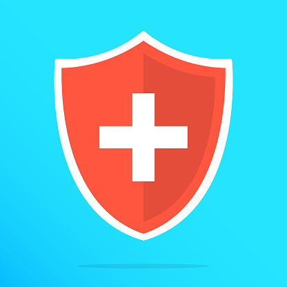 Shield with cross icon. Red shield with white cross. Vector flat icon