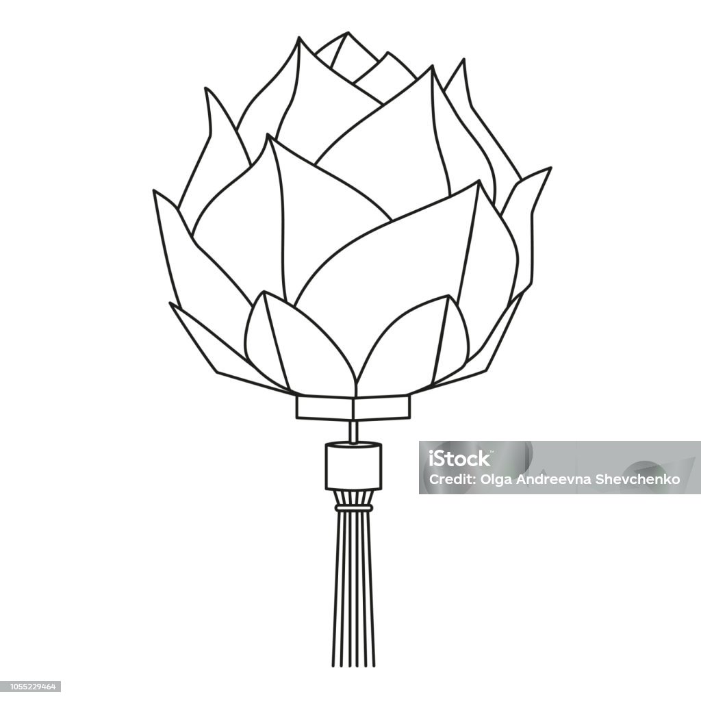 Line art black and white chinese lotus lantern Line art black and white chinese lotus lantern Oriental new year decoration. Holiday themed vector illustration for icon, stamp, label, sticker, certificate, gift card, invitation or banner decoration Art stock vector