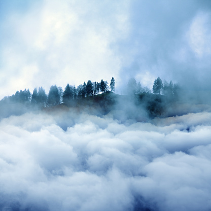 Fogy landscape of close up mountain and forest over cloudy sky in Swiss Alps, Switzerland