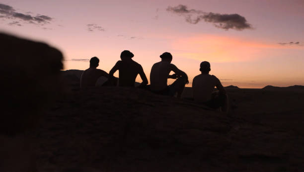 istock Silhouette Male Friends Sitting On Field During Sunset 1055237002