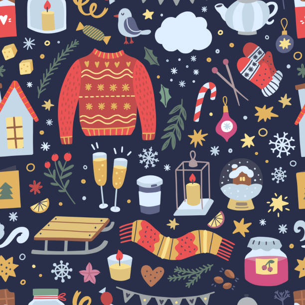 Festive winter background. Seamless pattern with Christmas illustrations and hygge lifestyle interior elements Festive winter background. Seamless pattern with Christmas illustrations and hygge lifestyle interior elements candle illustrations stock illustrations