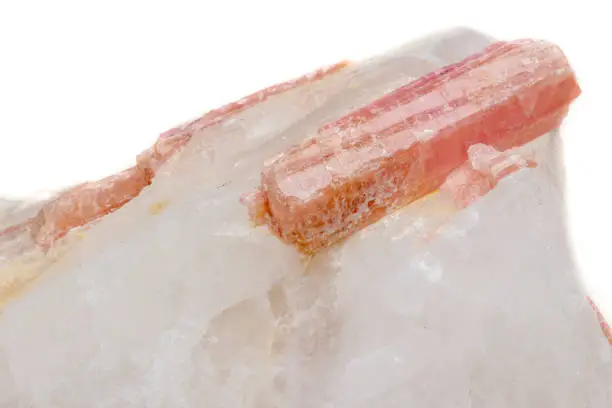 Photo of Macro mineral stone Tourmaline in the breed a white background