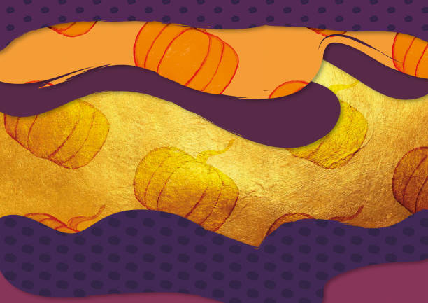 ilustraciones, imágenes clip art, dibujos animados e iconos de stock de halloween diferentes tamaños de tonos púrpura y naranja calabazas con pintado de fondo a mano oro - mano sobre cadera