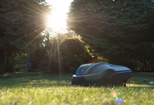 A robot lawn mower during sunset