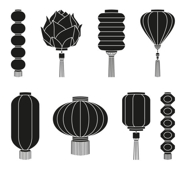chinesische laterne silhouette satz in schwarz und weiß - lampionpflanze stock-grafiken, -clipart, -cartoons und -symbole